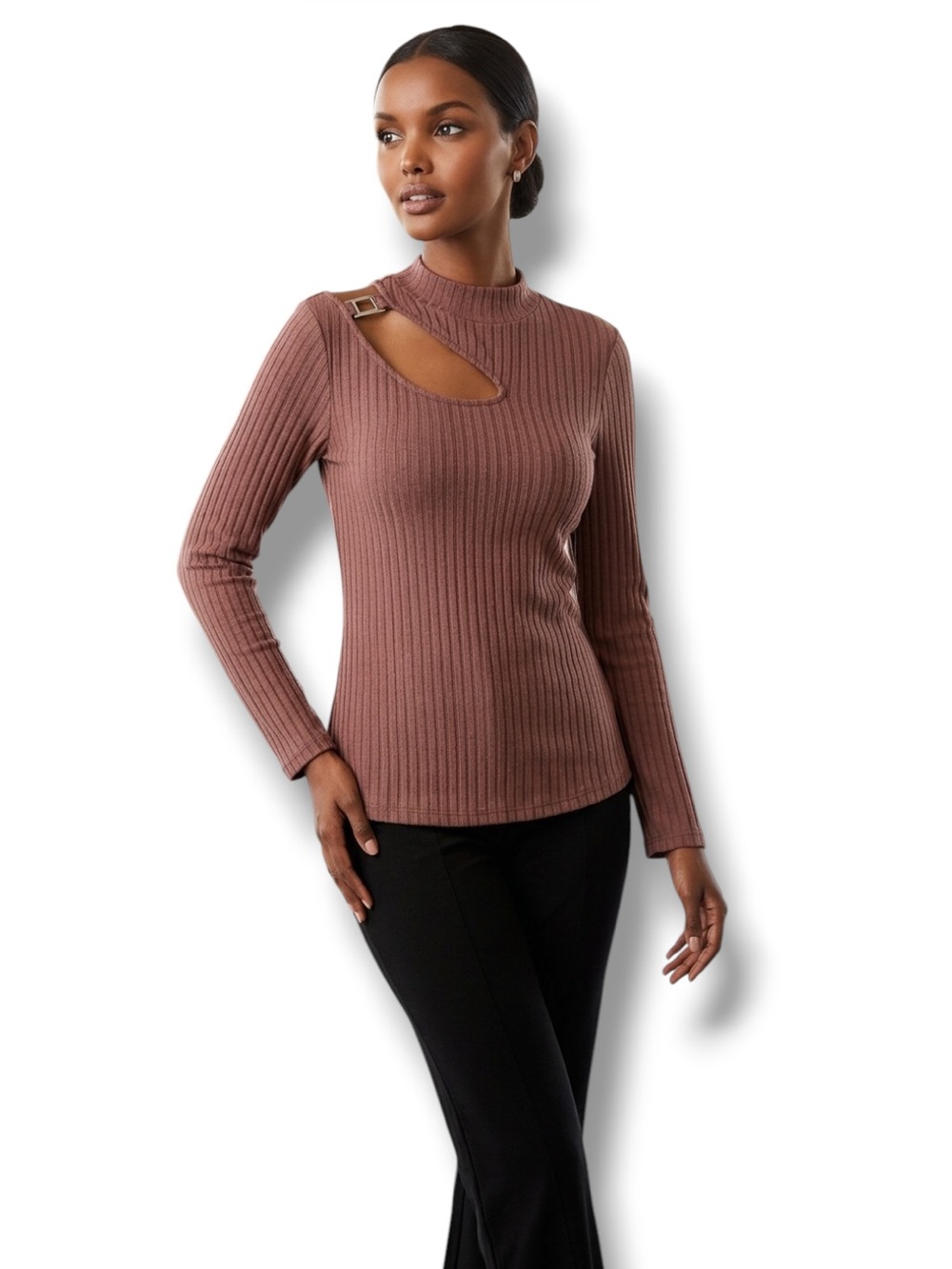 Maurices Sweater NWT Pink Brown Ribbed Mock Neck Shoulder Cut Out Long Sleeve M